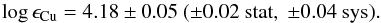 \begin{eqnarray*} \log\epsilon_{\mathrm{Cu}}= 4.18\pm 0.05\ (\pm0.02\ \mathrm{stat},\ \pm0.04\ \mathrm{sys}). \end{eqnarray*}