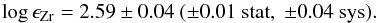 \begin{eqnarray*} \log\epsilon_{\mathrm{Zr}}=2.59\pm0.04\ (\pm0.01\ \mathrm{stat},\ \pm0.04\ \mathrm{sys}). \end{eqnarray*}