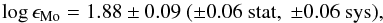 \begin{eqnarray*} \log\epsilon_{\mathrm{Mo}}=1.88\pm0.09\ (\pm0.06\ \mathrm{stat},\ \pm0.06\ \mathrm{sys}), \end{eqnarray*}