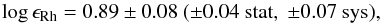 \begin{eqnarray*} \log\epsilon_{\mathrm{Rh}}=0.89\pm0.08\ (\pm0.04\ \mathrm{stat},\ \pm0.07\ \mathrm{sys}), \end{eqnarray*}