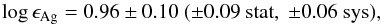 \begin{eqnarray*} \log\epsilon_{\mathrm{Ag}}=0.96\pm0.10\ (\pm0.09\ \mathrm{stat},\ \pm0.06\ \mathrm{sys}), \end{eqnarray*}