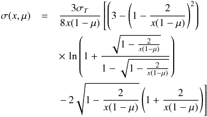 \begin{eqnarray} \label{ppcs} \sigma(x,\mu) & = & \frac{3\sigma_T}{8x(1-\mu)}\left[\left(3-\left(1-\frac{2}{x(1-\mu)}\right)^2\right) \right.\nonumber\\ && \times\, \ln{\left(1+\frac{\sqrt{1-\frac{2}{x(1-\mu)}}}{1-\sqrt{1-\frac{2}{x(1-\mu)}}}\right)}\nonumber\\ & & \left.-\,2\sqrt{1-\frac{2}{x(1-\mu)}}\left(1+\frac{2}{x(1-\mu)} \right)\right] \end{eqnarray}