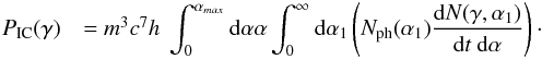 \begin{eqnarray} \label{iclosses} P_{\rm {IC}}(\gamma) &= m^3c^7h&\hspace{-0.2cm} \int_{0}^{\alpha_{max}}\mathrm{d}\alpha \alpha \int_0^{\infty}\mathrm{d}\alpha_1 \left(N_{{\rm ph}}(\alpha_1) \frac{\mathrm{d}N(\gamma,\alpha_1)}{\mathrm{d}t~\mathrm{d}\alpha}\right)\cdot \end{eqnarray}