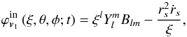\appendix \setcounter{section}{1} \begin{equation} \label{Eq03} \varphi _{{{\bm{v}}_1}}^{{\text{in}}}\left( {\xi ,\theta ,\phi ;t} \right) = {\xi ^l}Y_l^m{B_{lm}} - \frac{{r_s^2{{\dot r}_s}}}{\xi }, \end{equation}