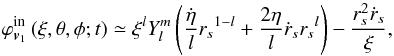 \appendix \setcounter{section}{1} \begin{equation} \label{Eq07} \varphi _{{{\bm{v}}_1}}^{{\text{in}}}\left( {\xi ,\theta ,\phi ;t} \right) \simeq {\xi ^l}Y_l^m\left( {\frac{{\dot \eta }}{l}{r_s}^{1 - l} + \frac{{2\eta }}{l}{{\dot r}_s}{r_s}^l} \right) - \frac{{r_s^2{{\dot r}_s}}}{\xi }, \end{equation}