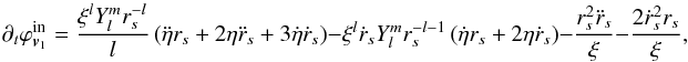 \appendix \setcounter{section}{1} \begin{equation} \label{Eq14} {\partial _t}\varphi _{{{\bm{v}}_1}}^{{\text{in}}} = \frac{{{\xi ^l}Y_l^mr_s^{ - l}}}{l}\left( {\ddot \eta {r_s} + 2\eta {{\ddot r}_s} + 3\dot \eta {{\dot r}_s}} \right) - {\xi ^l}{\dot r_s}Y_l^mr_s^{ - l - 1}\left( {\dot \eta {r_s} + 2\eta {{\dot r}_s}} \right) - \frac{{r_s^2{{\ddot r}_s}}}{\xi } - \frac{{2\dot r_s^2{r_s}}}{\xi }, \end{equation}