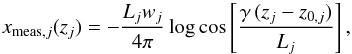 \begin{equation} x_{\mathrm{meas},j}(z_j) = -\frac{L_jw_j}{4\pi}\log\cos\left[\frac{\gamma \,(z_j-z_{0,j})}{L_j}\right], \label{eq:shape} \end{equation}