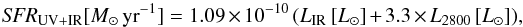 \begin{equation} \label{eq: kennicutt} {\it SFR}_{\rm UV+IR}[M_{\odot}\,{\rm yr}^{-1}]=1.09\times10^{-10}\,(L_{{\rm IR}}\,[L_{\odot}]+3.3\times L_{2800}\,[L_{\odot}]), \end{equation}