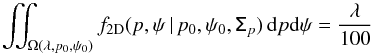 \begin{equation} \label{eq:omega} \iint_{\Omega(\lambda,p_0,\psi_0)} f_{\rm 2D}(p,\psi\,|\,p_0,\psi_0,\tens{\Sigma}_{p}) \, {\rm d}p{\rm d}\psi = \frac{\lambda}{100} \end{equation}
