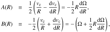 \begin{eqnarray} \label{eq:oort} A(R)&\equiv& \frac{1}{2}\left(\frac{v_{\rm c}}{R}-\frac{\mbox{d}v_{\rm c}}{\mbox{d}R}\right)= -\frac{1}{2}R\frac{\mbox{d}\Omega}{\mbox{d}R},\nonumber\\ B(R)&\equiv&-\frac{1}{2}\left(\frac{v_{\rm c}}{R}+\frac{\mbox{d}v_{\rm c}}{\mbox{d}R}\right)= -\left(\Omega+\frac{1}{2}R\frac{\mbox{d}\Omega}{\mbox{d}R}\right), \end{eqnarray}