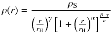 \begin{eqnarray} \label{zhao} \rho(r)= \frac{ \,\,\rho_{\rm S}}{\left(\frac{r}{r_{\rm H}}\right)^{\gamma}\left[1+\left(\frac{r}{r_{\rm H}}\right)^{\alpha}\right]^{\frac{\beta-\gamma}{\alpha}}} \end{eqnarray}