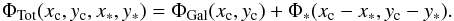 \begin{eqnarray} \Phi_{\rm Tot}(x_{\rm c}, y_{\rm c}, x_*, y_*)= \Phi_{\rm Gal}(x_{\rm c}, y_{\rm c})+\Phi_*(x_{\rm c}-x_*, y_{\rm c}-y_*). \end{eqnarray}