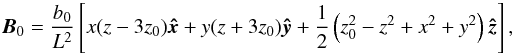 \begin{equation} {\vec{B}}_0=\frac{b_0}{L^2}\left[x(z-3z_0){\xhat}+y(z+3z_0){\yhat}+\frac{1}{2}\left( z_0^2-z^2+x^2+y^2\right) {\zhat} \right], \\ \label{eq:B0} \end{equation}