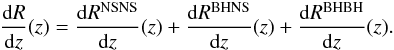 \begin{eqnarray} \frac{{\rm d}R}{{\rm d}z}(z)=\frac{{\rm d}R^{\mathrm{NSNS}}}{{\rm d}z}(z)+\frac{{\rm d}R^{\mathrm{BHNS}}}{{\rm d}z}(z)+\frac{{\rm d}R^{\mathrm{BHBH}}}{{\rm d}z}(z). \end{eqnarray}