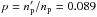 \hbox{$p = n'_{\rm p}/n_{\rm p} = 0.089$}
