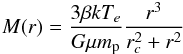 \begin{eqnarray} \label{eq:xray} M(r) = \frac{3 \beta k T_e}{G \mu m_{\rm p}} \frac{r^3}{r_c^2+r^2} \end{eqnarray}