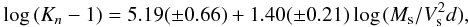 \begin{eqnarray} \log{(K_n - 1 )} = 5.19(\pm0.66)+1.40(\pm0.21) \log{(M_{\rm s}/V_{\rm s}^2 d)}, \label{Eq:Kn_binary} \end{eqnarray}
