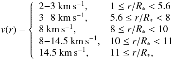 \begin{eqnarray} v(r) = \left\{ \begin{array}{ll} 2{-}3~{\rm km\,s^{-1}}, & 1 \le r/R_* <5.6\\ 3{-}8~{\rm km\,s^{-1}}, & 5.6\le r/R_* <8 \\ 8~{\rm km\,s^{-1}}, & 8\le r/R_* <10\\ 8{-}14.5~{\rm km\,s^{-1}},& 10\le r/R_* <11 \\ 14.5~{\rm km\,s^{-1}}, & 11\le r/R_*, \end{array} \right. \label{Eq:velocity} \end{eqnarray}