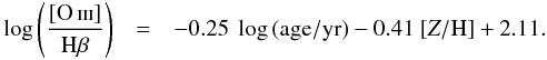 \begin{eqnarray} \log \left(\frac{[\ion{O}{iii}]}{{\rm H}\beta}\right) &=& -0.25~ \log\,({\rm age/yr)} -0.41~[Z/{\rm H}] +2.11. \end{eqnarray}