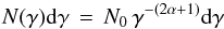 \begin{equation} N(\gamma)\mathrm{d}\gamma\,=\,N_{0}\,\gamma^{-(2\alpha+1)}\mathrm{d}\gamma \end{equation}
