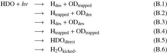 Mathematical equation: \appendix \setcounter{section}{2} \begin{eqnarray} {\rm HDO} + h\nu & \longrightarrow& {\rm H}_\mathrm{des} + {\rm OD}_{\mathrm{trapped}} \label{eqnB1}\\ & \longrightarrow& {\rm H}_\mathrm{trapped} + {\rm OD}_{\mathrm{des}} \label{eqnB2}\\ & \longrightarrow& {\rm H}_\mathrm{des} + {\rm OD}_{\mathrm{des}} \label{eqnB3}\\ & \longrightarrow& {\rm H}_\mathrm{trapped} + {\rm OD}_{\mathrm{trapped}} \label{eqnB4}\\ & \longrightarrow & {\rm HDO}_{\mathrm{direct}} \label{eqnB5}\\ & \longrightarrow& {{\rm H}_2{\rm O}}_{\mathrm{kicked}}. \label{eqnB6} \end{eqnarray}