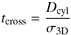 Mathematical equation: \begin{equation} \label{eq:tcross2} t_{\rm cross} = \frac{D_{\rm cyl}}{\sigma_{\rm 3D}} \end{equation}