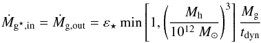 Mathematical equation: \begin{equation} \dot{M}_{\sfg,\rm in} = \dot{M}_{\nosfg,\rm out} = \varepsilon_{\star}\min\left[1,\left(\dfrac{M_{\rm h}}{10^{12}~\Msun}\right)^3\right]\dfrac{M_{\nosfg}}{t_{\rm dyn}} \label{no-sfg2sfg} \end{equation}