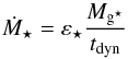Mathematical equation: \begin{equation} \dot{M}_{\star} = \varepsilon_{\star}\dfrac{M_\sfg}{t_{\rm dyn}} \label{star_formation_law} \end{equation}
