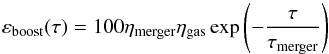 Mathematical equation: \begin{equation} \varepsilon_{\rm boost}(\tau) = 100\eta_{\rm merger}\eta_{\rm gas}\exp\left(-\dfrac{\tau}{\tau_{\rm merger}}\right) \label{boost_factor} \end{equation}