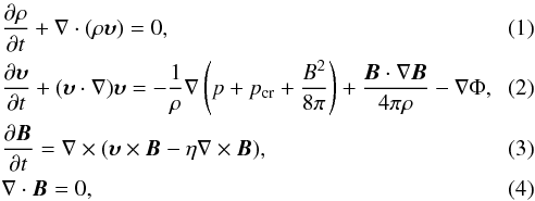 Mathematical equation: \begin{eqnarray} &&\frac{\partial \rho}{\partial t} + \mathbf{\nabla} \cdot (\rho {\vec \upsilon}) = 0,\\ &&\frac{\partial {\vec \upsilon}}{\partial t}+({\vec \upsilon} \cdot \mathbf{\nabla}) {\vec \upsilon} = - \frac{1}{\rho} \mathbf{\nabla} \left( p+p_{\rm cr} + \frac{B^{2}}{8 \pi} \right) + \frac{{\vec B} \cdot \mathbf{\nabla} {\vec B}}{4 \pi \rho} - \mathbf{\nabla} \Phi, \\ &&\frac{\partial {\vec B}}{\partial t} = \mathbf{\nabla} \times ({\vec \upsilon} \times {\vec B} - \eta \mathbf{\nabla} \times {\vec B}),\\ &&\mathbf{\nabla} \cdot {\vec B} = 0, \end{eqnarray}