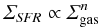 Mathematical equation: \begin{eqnarray} \label{eq:sch_ken} \varSigma_{\it SFR} \propto\varSigma_{\rm gas}^n \end{eqnarray}