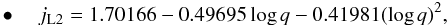 Mathematical equation: \begin{eqnarray} \label{equation:25} \bullet \quad j_{\mathrm{L2}}=1.70166-0.49695\log{q}-0.41981(\log{q})^{2}, \end{eqnarray}