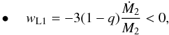 Mathematical equation: \begin{eqnarray} \label{equation:10} \bullet\quad w_{\mathrm{L1}}=-3(1-q)\frac{\dot{M}_{\mathrm{2}}}{M_{\mathrm{2}}}<0, \end{eqnarray}