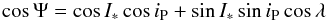 Mathematical equation: \begin{eqnarray*} \cos \Psi = \cos I_* \cos i_{\rm P} + \sin I_* \sin i_{\rm P} \cos \lambda \end{eqnarray*}