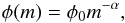 Mathematical equation: \begin{equation} \phi(m)=\phi_0 m^{-\alpha}, \label{eq:imf} \end{equation}