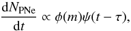 Mathematical equation: \begin{equation} \frac{{\rm{d}}N_{\rm PNe}}{{\rm{d}}t} \propto \phi(m)\psi(t-\tau), \label{eq:nps} \end{equation}