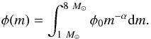 Mathematical equation: \begin{eqnarray} \label{eq:imf2} \phi(m)=\int^{8~{M}_\odot}_{1~{M}_\odot} \phi_0 m^{-\alpha} {\rm{d}}m. \end{eqnarray}