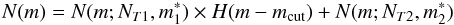 Mathematical equation: \begin{equation} \label{eq:2pnlf} N(m)=N(m;N_{T1},m^*_1)\times {H}(m-m_{\rm cut})+N(m;N_{T2},m^*_2) \end{equation}