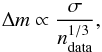 Mathematical equation: \begin{equation} \label{scott} \Delta m \propto \frac{\sigma}{n^{1/3}_{\rm data}}, \end{equation}