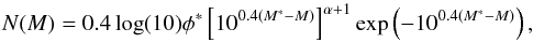 Mathematical equation: \begin{equation} \label{eq:schech} N(M) = 0.4\log(10)\phi^*\left[10^{0.4(M^*-M)}\right]^{\alpha+1}\exp\left(-10^{0.4(M^*-M)}\right), \end{equation}