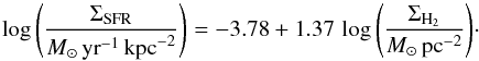 Mathematical equation: \begin{equation} \displaystyle{\log\left(\frac{\sfrd}{\sfrdunit}\right)=-3.78+1.37\,\log\left(\frac{\htwod}{{M_{\odot}\,{\rm pc}^{-2}}}\right)}\cdot \label{kennicutt_sfr} \end{equation}
