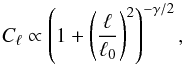 Mathematical equation: \begin{equation} C_\ell \propto \left( 1 + \left(\frac{\ell}{\ell_0}\right)^2 \right)^{-\gamma/2}, \end{equation}