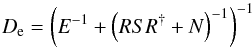 Mathematical equation: \appendix \setcounter{section}{2} \begin{equation} D_\mathrm{e} = \left( E^{-1} + \left( RSR^{\dagger} + N \right)^{-1} \right)^{-1} \end{equation}