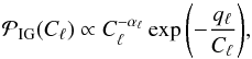 Mathematical equation: \begin{equation} \label{eq:IG-prior} \mathcal{P}_\mathrm{IG}(C_\ell) \propto C_\ell^{-\alpha_\ell} \exp{\left(-\frac{q_\ell}{C_\ell}\right)}, \end{equation}