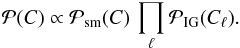 Mathematical equation: \begin{equation} \label{eq:prior-C} \mathcal{P}(C) \propto \mathcal{P}_\mathrm{sm}{(C)} \, \prod_\ell \mathcal{P}_\mathrm{IG}{(C_\ell)}. \end{equation}
