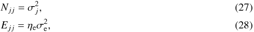 Mathematical equation: \begin{eqnarray} \label{eq:noisegooddata} &&N_{jj} = \sigma_j^2, \\ \label{eq:exgooddata} &&E_{jj} = \eta_\mathrm{e} \sigma_\mathrm{e}^2, \end{eqnarray}