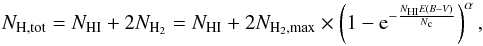 Mathematical equation: \begin{equation} \label{eq:nhtot} N_{\rm H, tot} = N_{\rm HI} + 2 N_{\rm H_2} = N_{\rm HI} + 2 N_{\rm H_2, max} \times \left( 1 - {\rm e}^{-\frac{N_{\rm HI}E(B-V)}{N_{\rm c}}} \right)^\alpha, \end{equation}