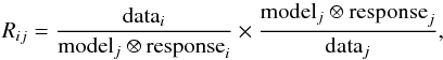 Mathematical equation: \begin{equation} R_{ij} = \frac{{\rm data}_{i}}{{\rm model}_j \otimes {\rm response}_i} \times \frac{{\rm model}_j \otimes {\rm response}_j}{{\rm data}_{j}}, \label{eq:srr} \end{equation}