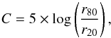 Mathematical equation: \begin{equation} C=5\times \log\left(\frac{r_{80}}{r_{20}}\right) , \label{concequn} \end{equation}