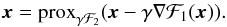 Mathematical equation: \appendix \setcounter{section}{2} \begin{equation} \vec{x} = \prox_{\gamma\mathcal{F}_2}(\vec{x} - \gamma\nabla\mathcal{F}_1(\vec{x})). \end{equation}